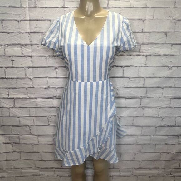 J.Crew Women's Blue White Striped Short Sleeve Wrap Dress Size 14 - Picture 1 of 10